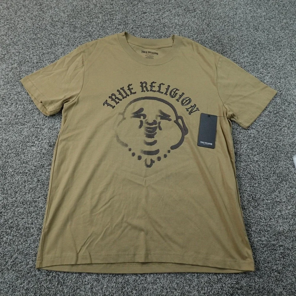NEW True Religion Shirt Mens S Beige Stud Buddha Logo Tee T-Shirt Short Sleeve